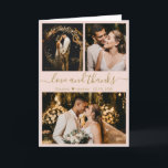 Modern Pink Gold Wedding Photo Collage Thank You<br><div class="desc">Stylish Pretty Blush Pink and Gold Hand Lettered Wedding Photo Collage Thank You Folded Card. Elegant wedding thank you card template featuring three (3) photo on the front and one (1) photo inside. With the text "Love and thanks" in a hand lettered typography script font with swashes in gold colour...</div>