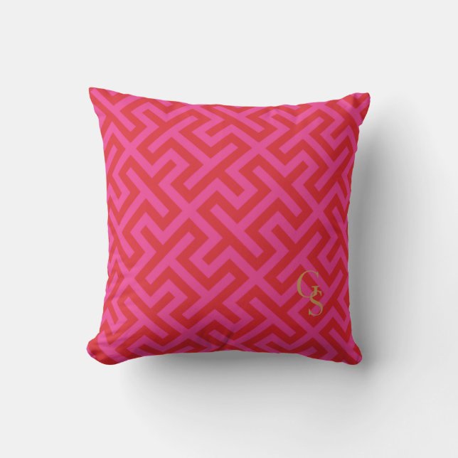 Modern pink greek key geometric patterns monogram cushion (Front)
