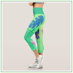 Modern Pink Green and Purple Tropical  Capri Leggings