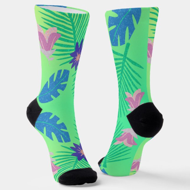 Modern Pink Green and Purple Tropical Socks (Angled)