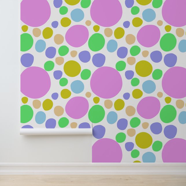 Modern, pink, green, blue and yellow funky dotty wallpaper (Application)