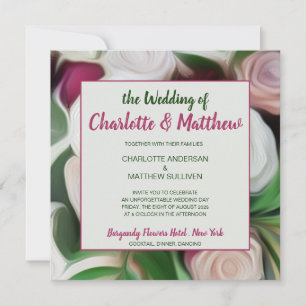 Modern Pink Green Boho Burgundy Floral Painting In Invitation