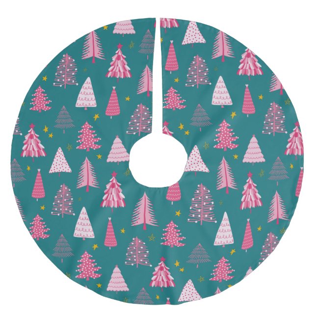 Modern Pink & Green Christmas Brushed Polyester Tree Skirt (Front)