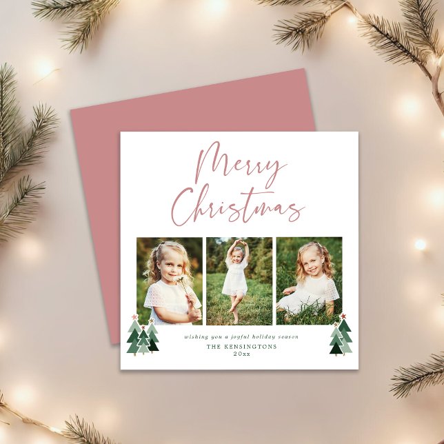 Modern Pink Green Christmas Holiday 3 Photo (Modern Pink Green Christmas Holiday 3 Photo Square Card)