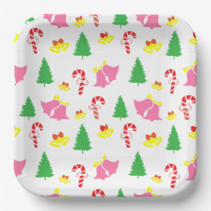 Modern Pink Green Christmas Pattern Paper Plate