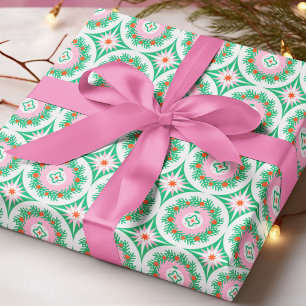 Modern Pink Green Christmas Wreath Geometric Wrapping Paper