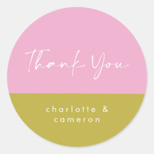 Modern Pink Green Colour Block Custom Thank You Classic Round Sticker