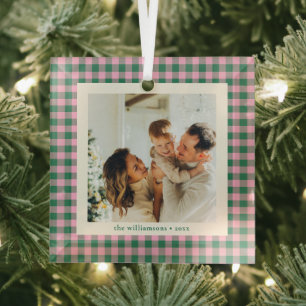 Modern Pink Green Family Photo Keepsake Christmas Glass Tree Decoration