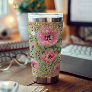 Modern Pink Green Floral Chic Gold Glitter Elegant Insulated Tumbler