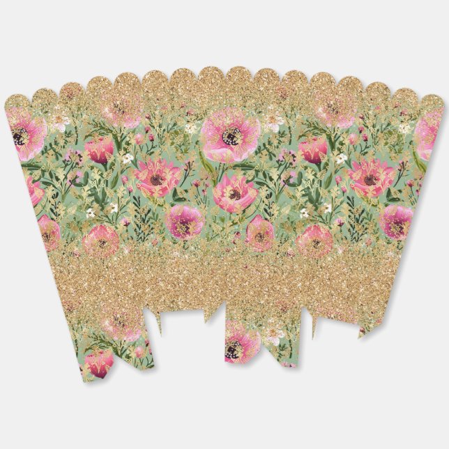 Modern Pink Green Floral Chic Gold Glitter Favour Box (Unfolded)