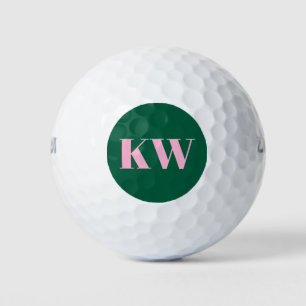Modern Pink Green Monogram Initials Personalised Golf Balls