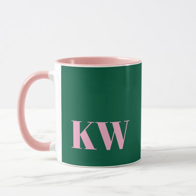 Modern Pink Green Monogram Initials Personalised Mug (Left)