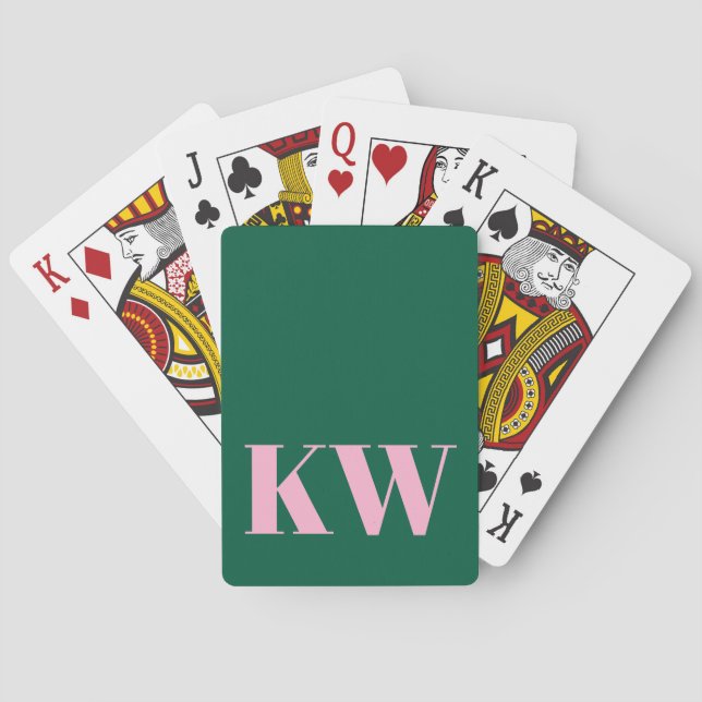 Modern Pink Green Monogram Initials Personalised Playing Cards (Back)