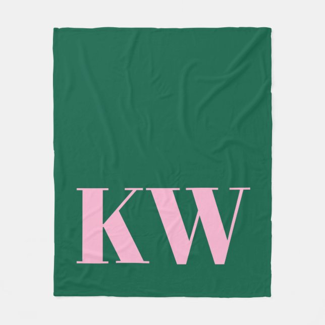 Modern Pink Green Monogram Initials Personalized Fleece Blanket (Front)