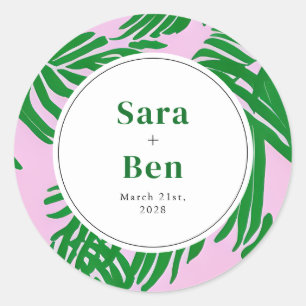 Modern Pink + Green Palm Tree Wedding Classic Round Sticker
