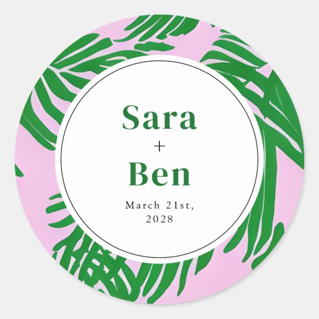 Modern Pink + Green Palm Tree Wedding Classic Round Sticker (Front)
