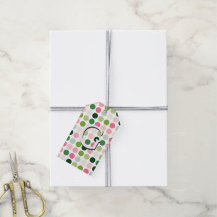 Modern pink green polka dots pattern monogram gift tags