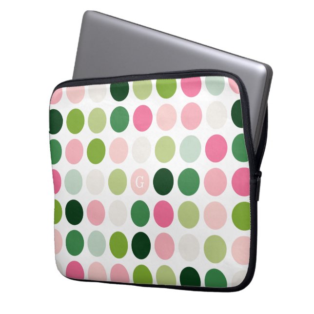 Modern pink green polka dots pattern monogram laptop sleeve (Front Left)