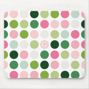 Modern pink green polka dots pattern monogram mouse pad
