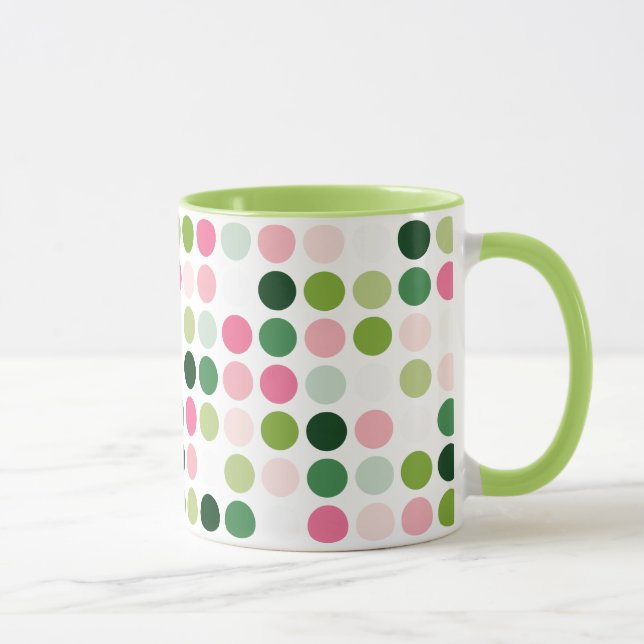 Modern pink green polka dots pattern monogram mug (Right)
