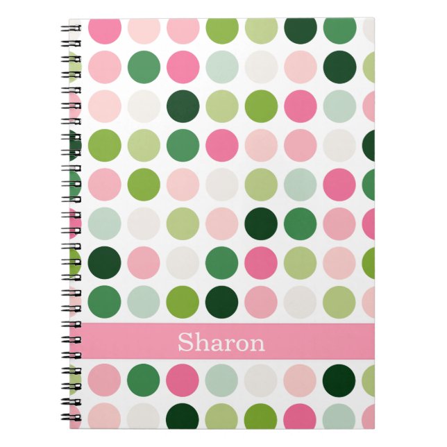 Modern pink green polka dots pattern monogram notebook (Front)