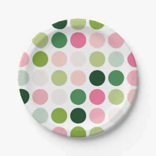 Modern pink green polka dots pattern monogram paper plate