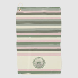Modern Pink Green Stripe Monogrammed Golf Towel