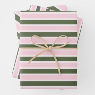 Modern Pink Green Stripes Christmas Wrapping Paper Sheet