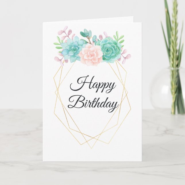 Modern Pink & Green Succulents Watercolor Birthday Card (Front)
