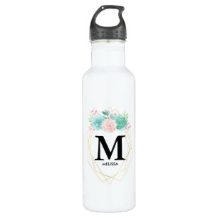 Modern Pink & Green Watercolor Succulents Monogram 710 Ml Water Bottle