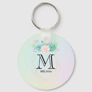 Modern Pink & Green Watercolor Succulents Monogram Key Ring