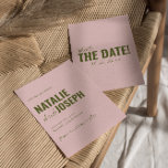 Modern Pink Green Whimsical Unique Fun Wedding Save The Date<br><div class="desc">This modern & retro funky minimalist Wedding Save The Date Template is great for you. If you are looking for a pretty, elegant and easy to customise Wedding Save The Date Template .A very elegant simple pink and olive green script wedding save the date. Which features minimal orange save the...</div>