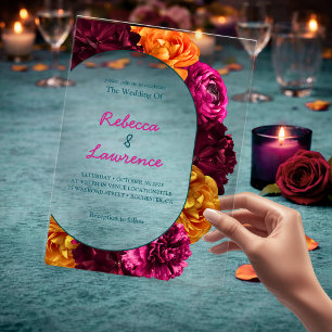 Modern pink green yellow floral acrylic invitations