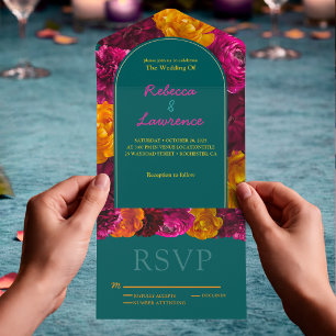 Modern pink green yellow floral all in one invitation