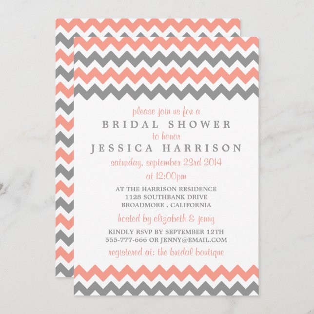 Modern Pink & Grey Chevron Bridal Shower Invitation (Front/Back)