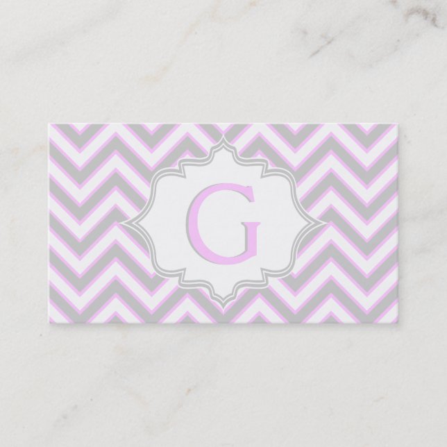 Modern pink, grey chevron monogram personalised business card (Front)