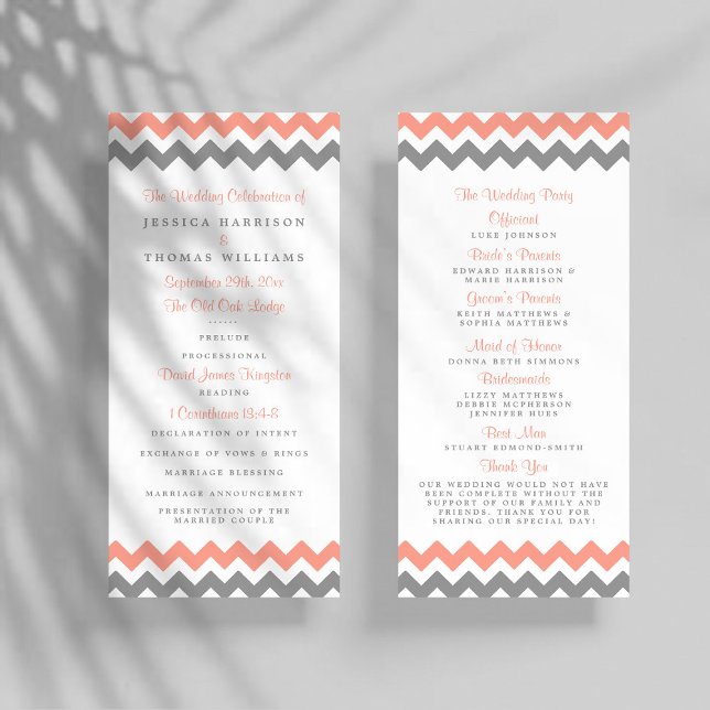 Modern Pink & Grey Chevron Wedding Program Rack Card (Creator Uploaded)