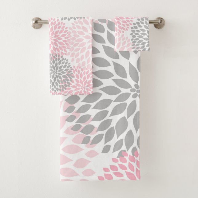 Modern Pink Grey dahlia floral bath decor Bath Towel Set (Insitu)
