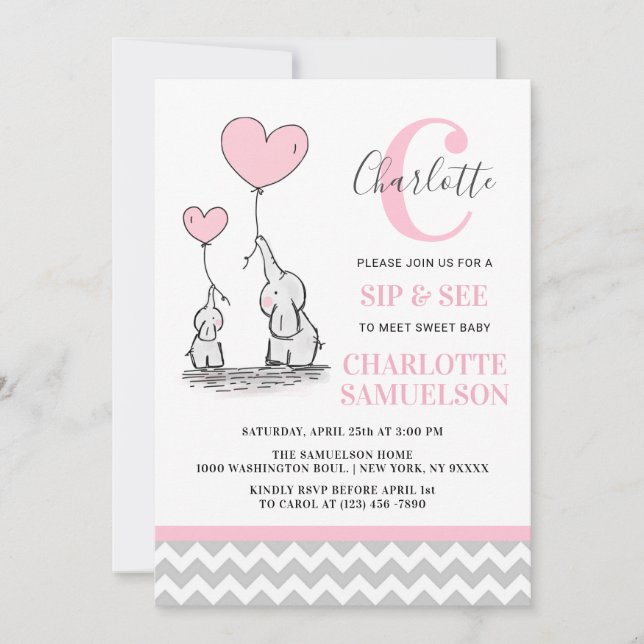Modern Pink Grey Elephant SIP & SEE Baby Girl Invitation (Front)