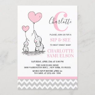 Modern Pink Grey Elephant SIP & SEE Baby Girl Invitation