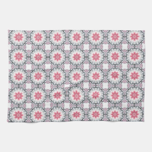 Modern Pink Grey Fretwork Kitchen Towel (Horizontal)