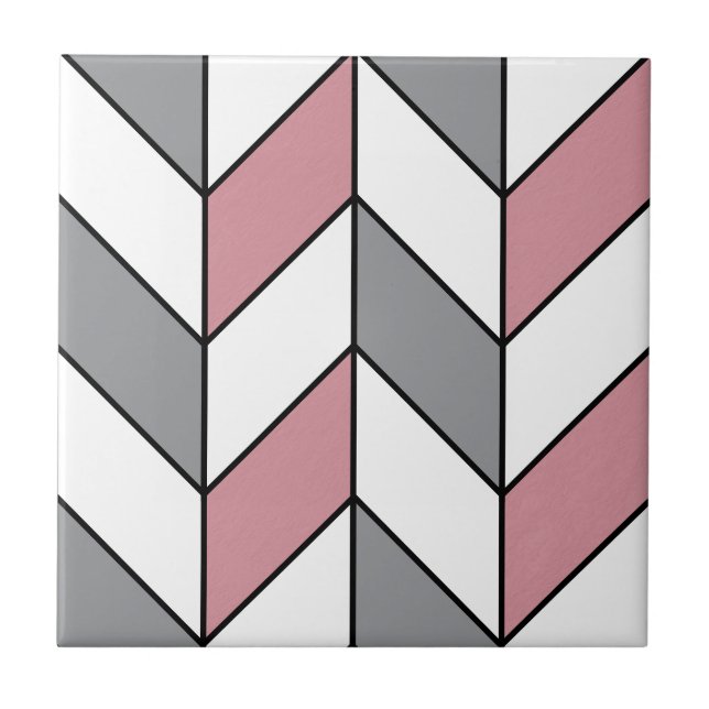 Modern Pink Grey Herringbone Pattern Ceramic Tile (Front)