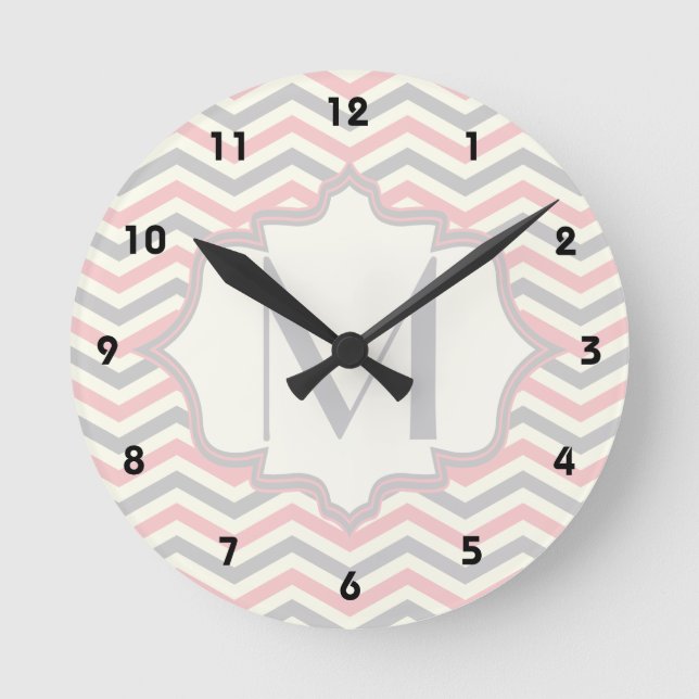 Modern pink, grey, ivory chevron pattern custom round clock (Front)