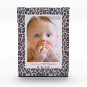 Modern Pink Grey Leopard Print Baby Photo