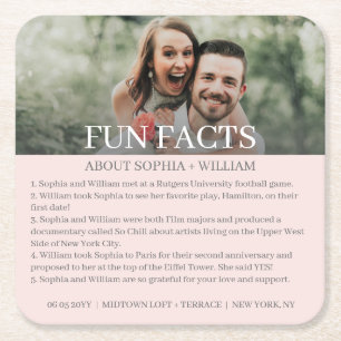 Modern Pink Grey Photo Fun Facts Wedding Square Paper Coaster