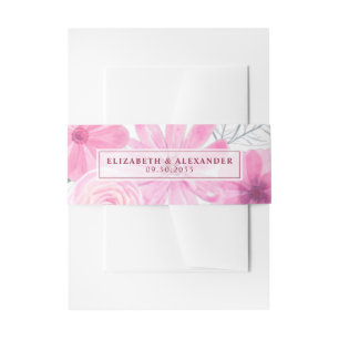 Modern pink grey watercolor flowers spring wedding invitation belly band