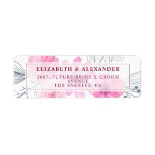Modern pink grey watercolor flowers spring wedding return address label