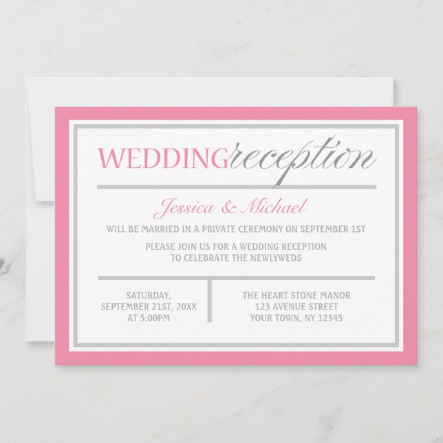 Modern Pink & Grey Wedding Reception Invitation (Front)