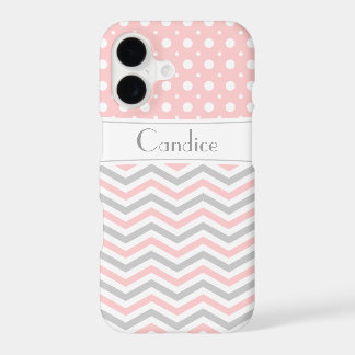 Modern pink, grey, white chevron & polka dot