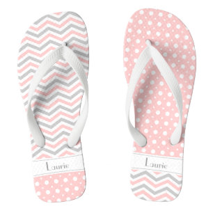 Modern pink, grey, white chevron & polka dot thongs